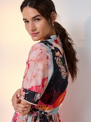 Red Print - Short Sleeve Tie Waist Shirt Dress - 3ичинен 2 сүрөт