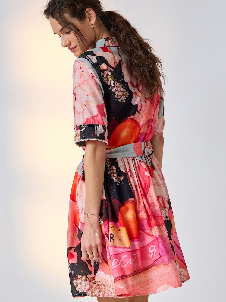 Red Print - Short Sleeve Tie Waist Shirt Dress - 3ичинен 3 сүрөт