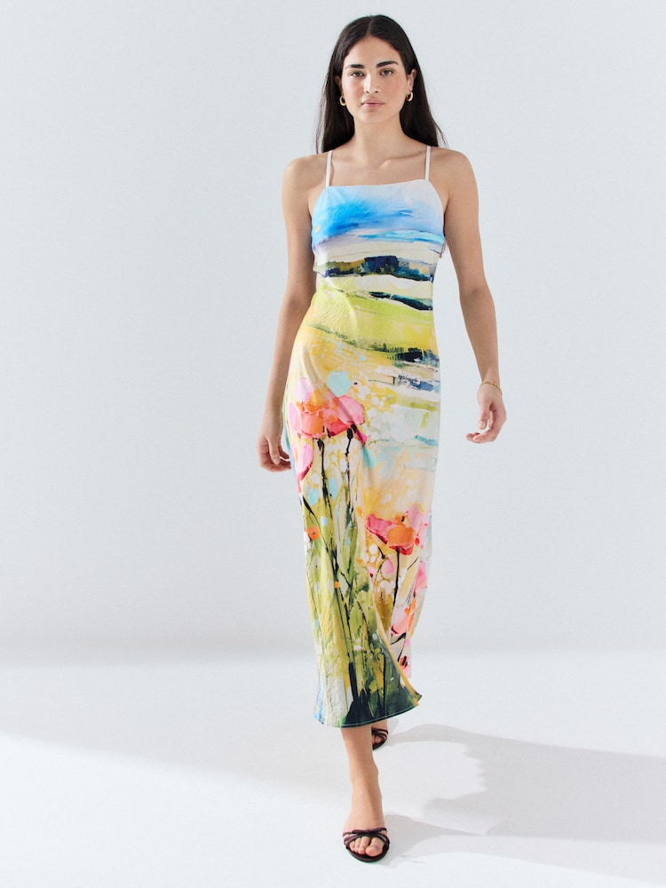 Meadow Print Satin Cami Midi Occasion Dress - Image 1 of 4