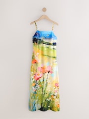 White/Yellow Scenic Print Satin Cami Midi Occasion Dress - Image 5 of 7