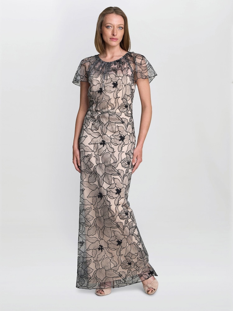 Gina Bacconi Marie-Claire Floral Embroidered Mesh Maxi Black Dress - Image 1 of 6