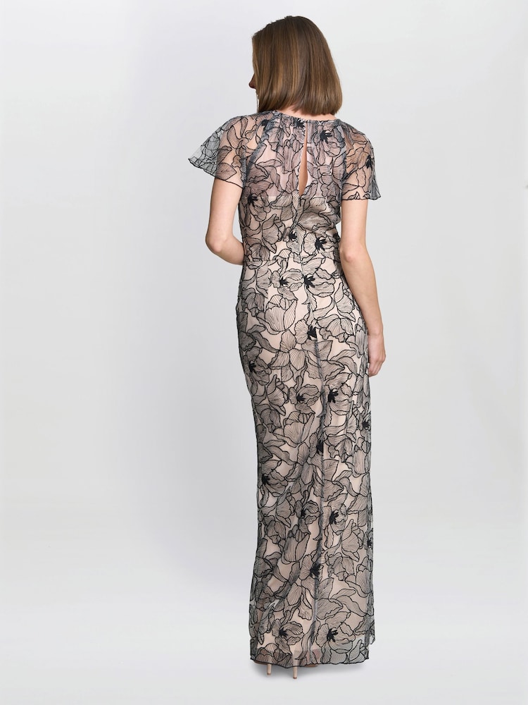Gina Bacconi Marie-Claire Floral Embroidered Mesh Maxi Black Dress - Image 2 of 6