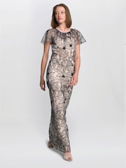 Gina Bacconi Marie-Claire Floral Embroidered Mesh Maxi Black Dress - Image 3 of 6