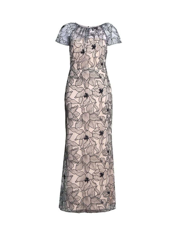 Gina Bacconi Marie-Claire Floral Embroidered Mesh Maxi Black Dress - Image 6 of 6