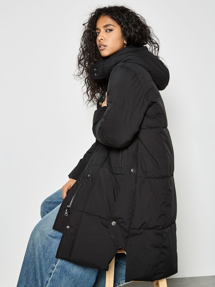 Apricot Black Large Panel Puffer Midi Jacket - Image 1 of 4