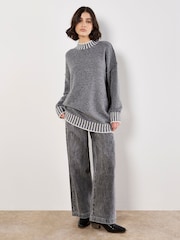 Apricot Grey Stripe Mock Neck Hem Chunky Jumper - Image 1 of 5