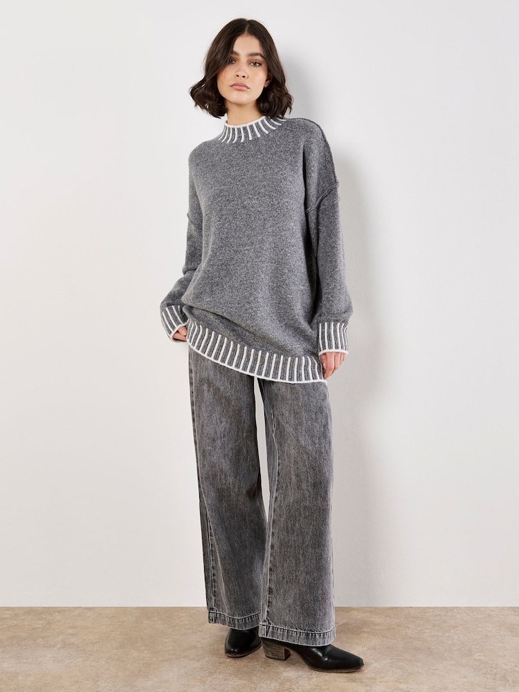 Apricot Grey Stripe Mock Neck Hem Chunky Jumper - Image 1 of 5