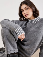 Apricot Grey Stripe Mock Neck Hem Chunky Jumper - Image 4 of 5