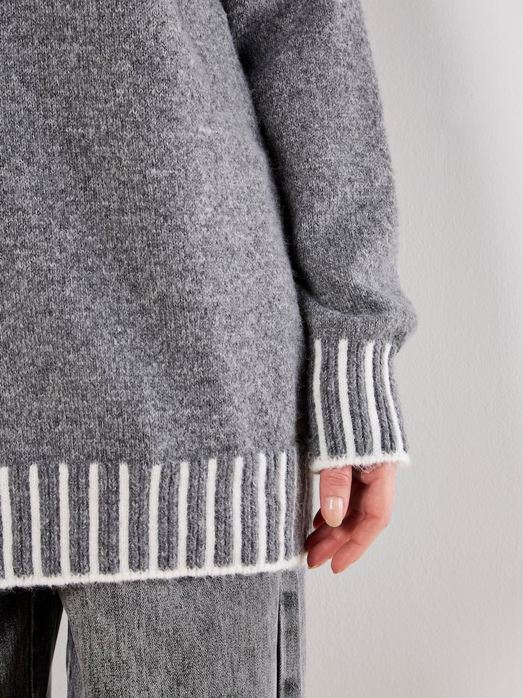 Apricot Grey Stripe Mock Neck Hem Chunky Jumper - Image 5 of 5