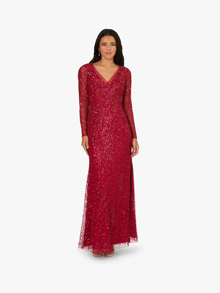 Adrianna Papell Red Long Sleeve Bead Long Dress - Image 1 of 6