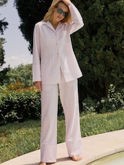 Aruelle Pink Julienne Two Tone Check Long In Seersucker Cotton Piping Detail Pyjamas Set - Image 1 of 4