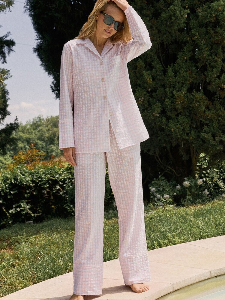 Aruelle Pink Julienne Two Tone Check Long In Seersucker Cotton Piping Detail Pyjamas Set - Image 1 of 4