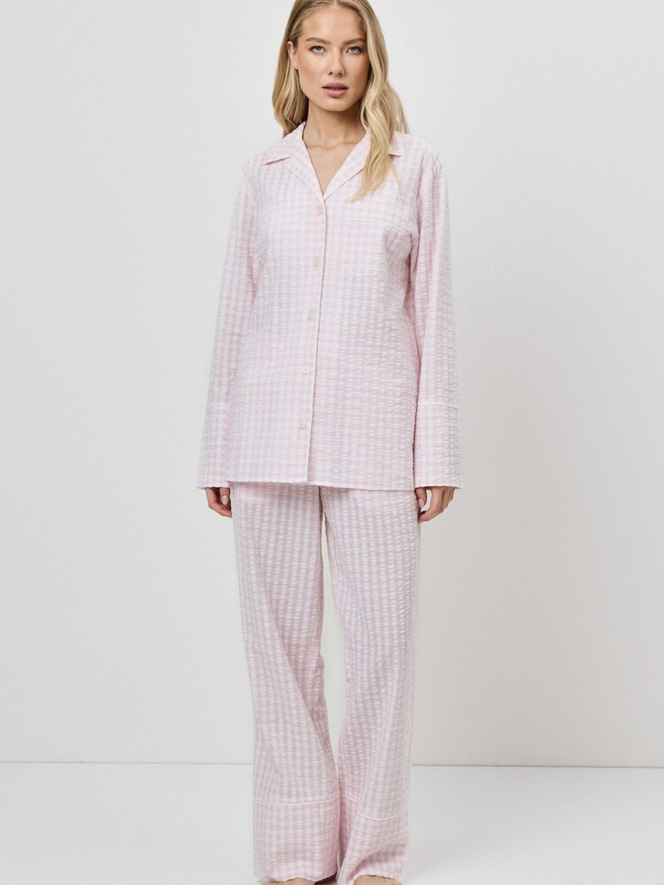 Aruelle Pink Julienne Two Tone Check Long In Seersucker Cotton Piping Detail Pyjamas Set - Image 2 of 4