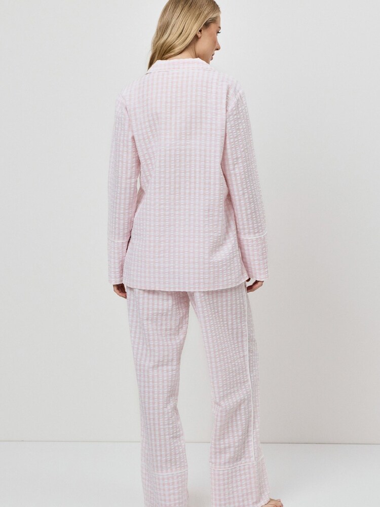 Aruelle Pink Julienne Two Tone Check Long In Seersucker Cotton Piping Detail Pyjamas Set - Image 4 of 4