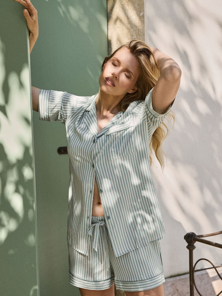 Aruelle Green Muted Striped Short Pyjamas Set With Tonal Piping - Image 1 of 4 Aruelle Green Muted Striped Short Pyjamas Set With Tonal Piping - Image 1 of 4