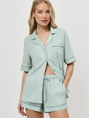 Aruelle Green Muted Striped Short Pyjamas Set With Tonal Piping - Image 2 of 4