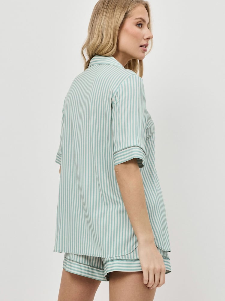 Aruelle Green Muted Striped Short Pyjamas Set With Tonal Piping - Image 4 of 4 Aruelle Green Muted Striped Short Pyjamas Set With Tonal Piping - Image 4 of 4