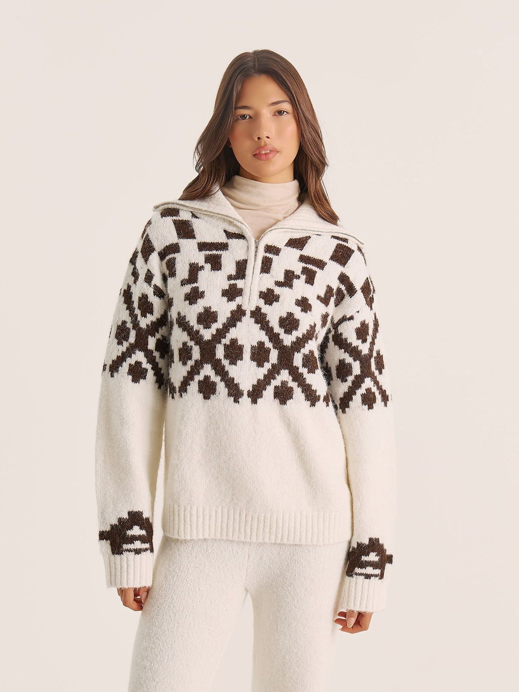 Buy 4th & Reckless Cream Janine Fairisle Knitted Zip Up Jumper