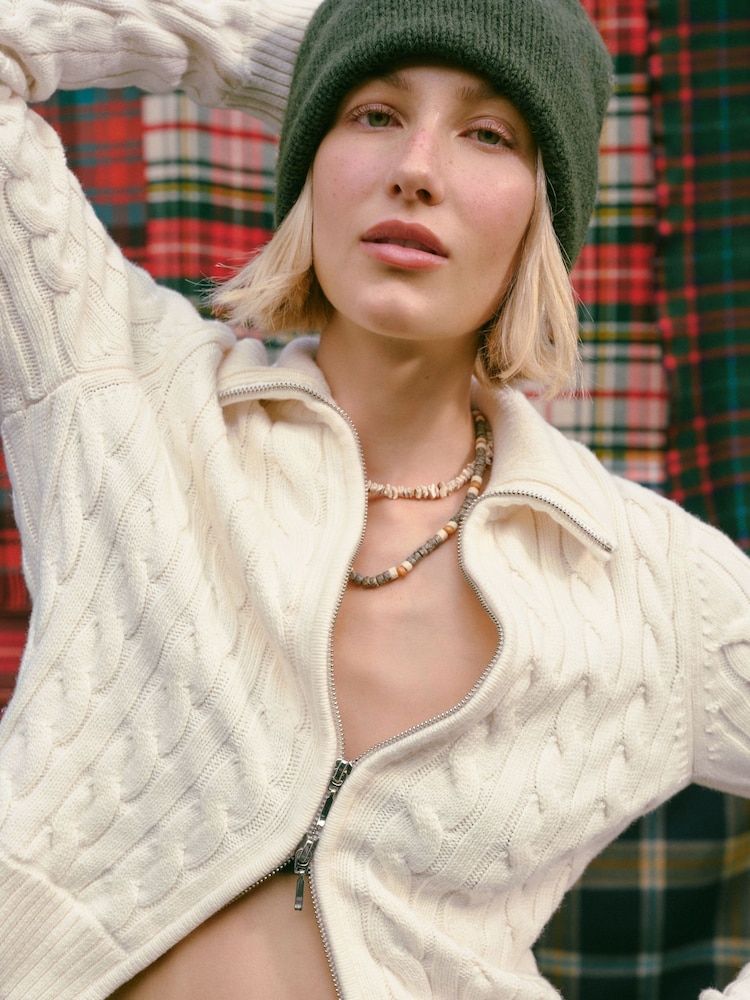 Abercrombie & Fitch Cream Collared Zip Up Cardigan - Image 2 of 3