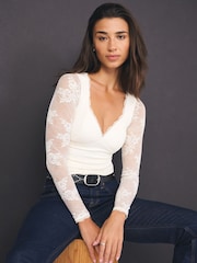 Abercrombie & Fitch Cream Lace Long Sleeve Sweetheart Top - Image 1 of 7