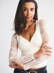 Abercrombie & Fitch Cream Lace Long Sleeve Sweetheart Top - Image 4 of 7