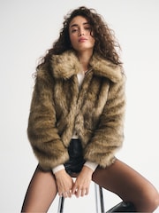 Abercrombie & Fitch Brown Faux Fur Short Zip Jacket - Image 1 of 8