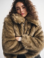 Abercrombie & Fitch Brown Faux Fur Short Zip Jacket - Image 3 of 8