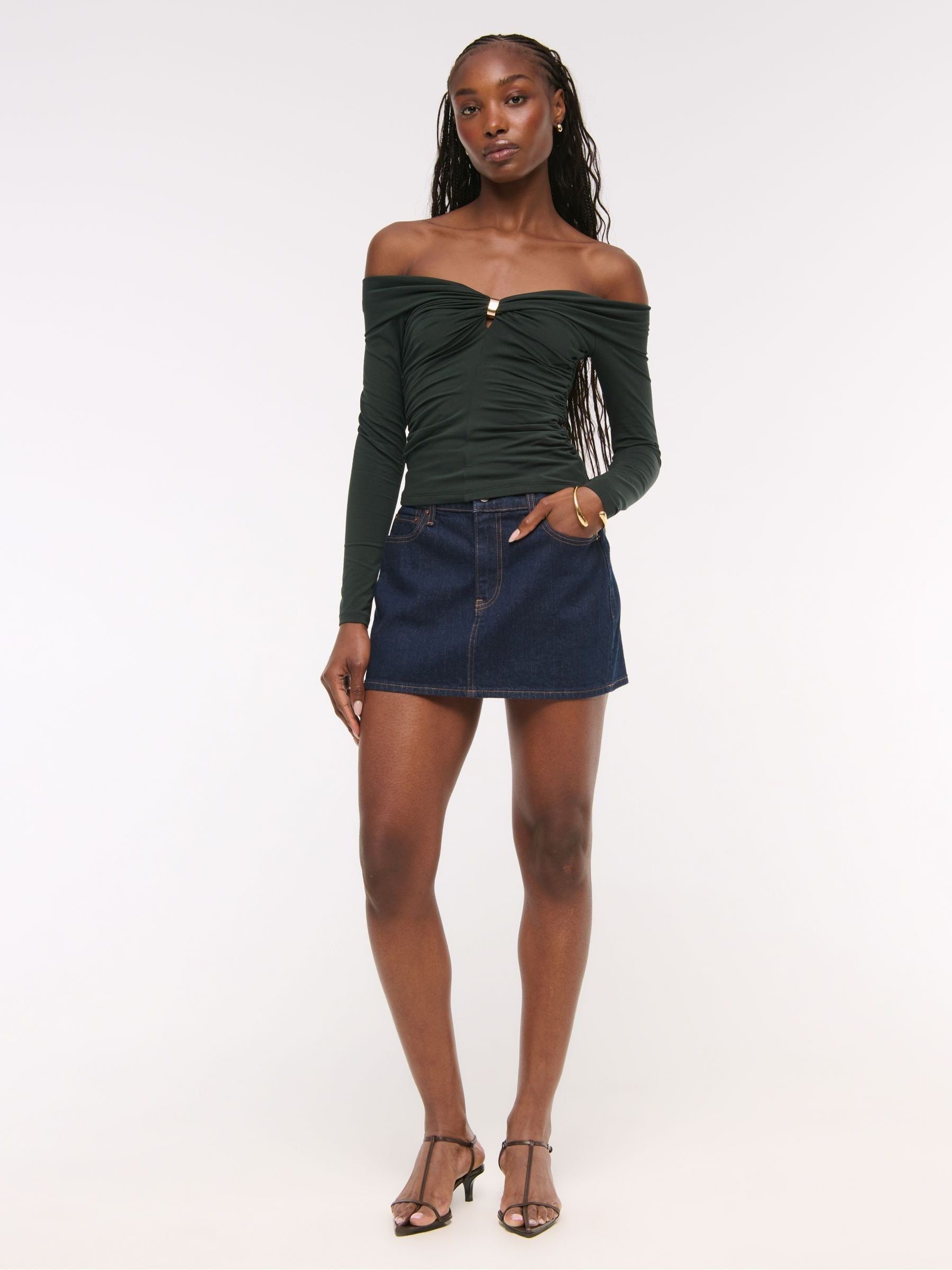 Buy Abercrombie & Fitch Green Off Shoulder Long Sleeved Top from