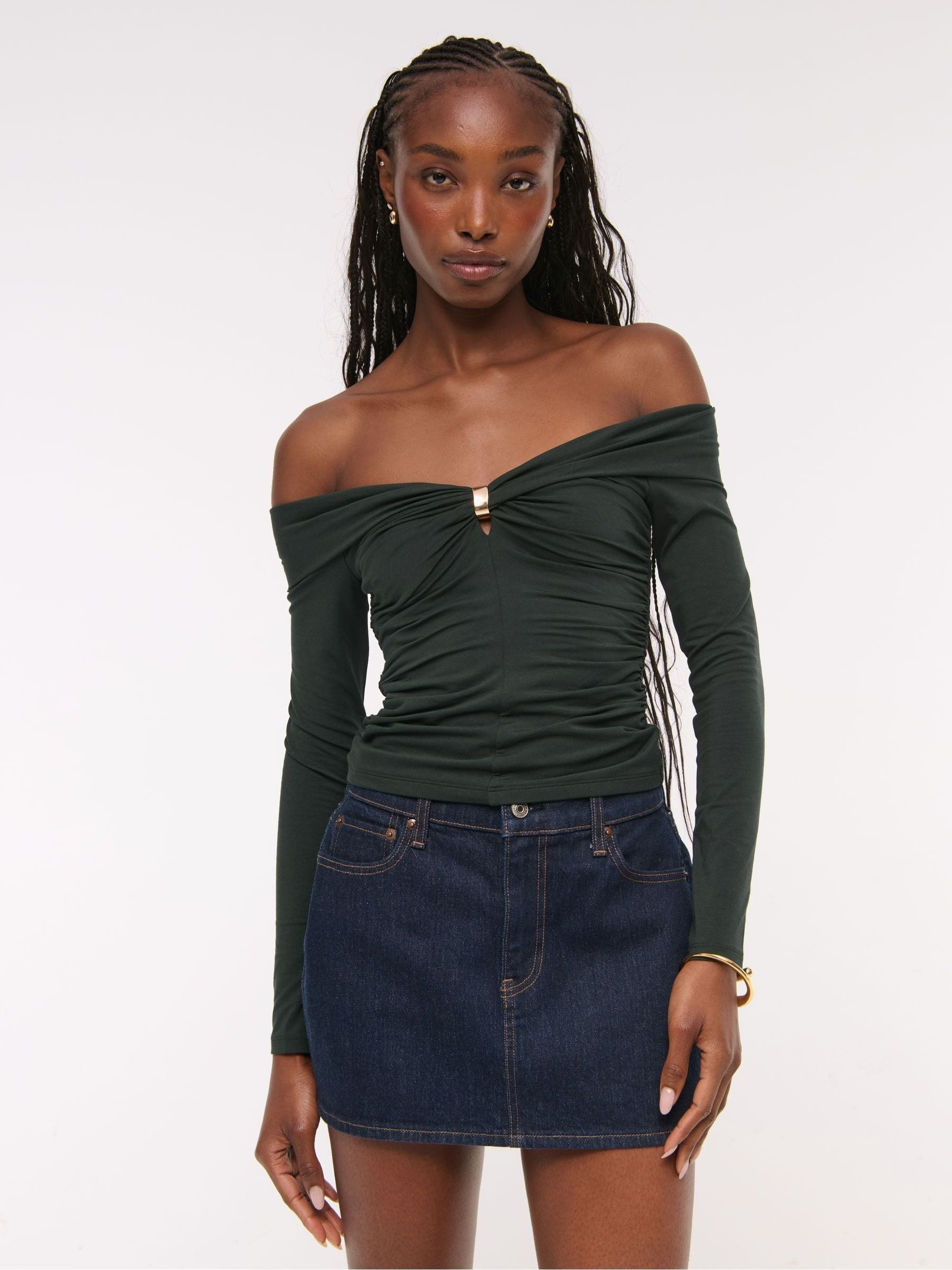 Buy Abercrombie & Fitch Green Off Shoulder Long Sleeved Top from