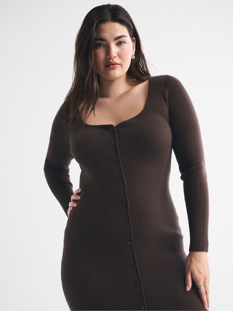 Abercrombie & Fitch Brown Long Sleeve Sweetheart Button Through Maxi Dress - Image 2 of 5