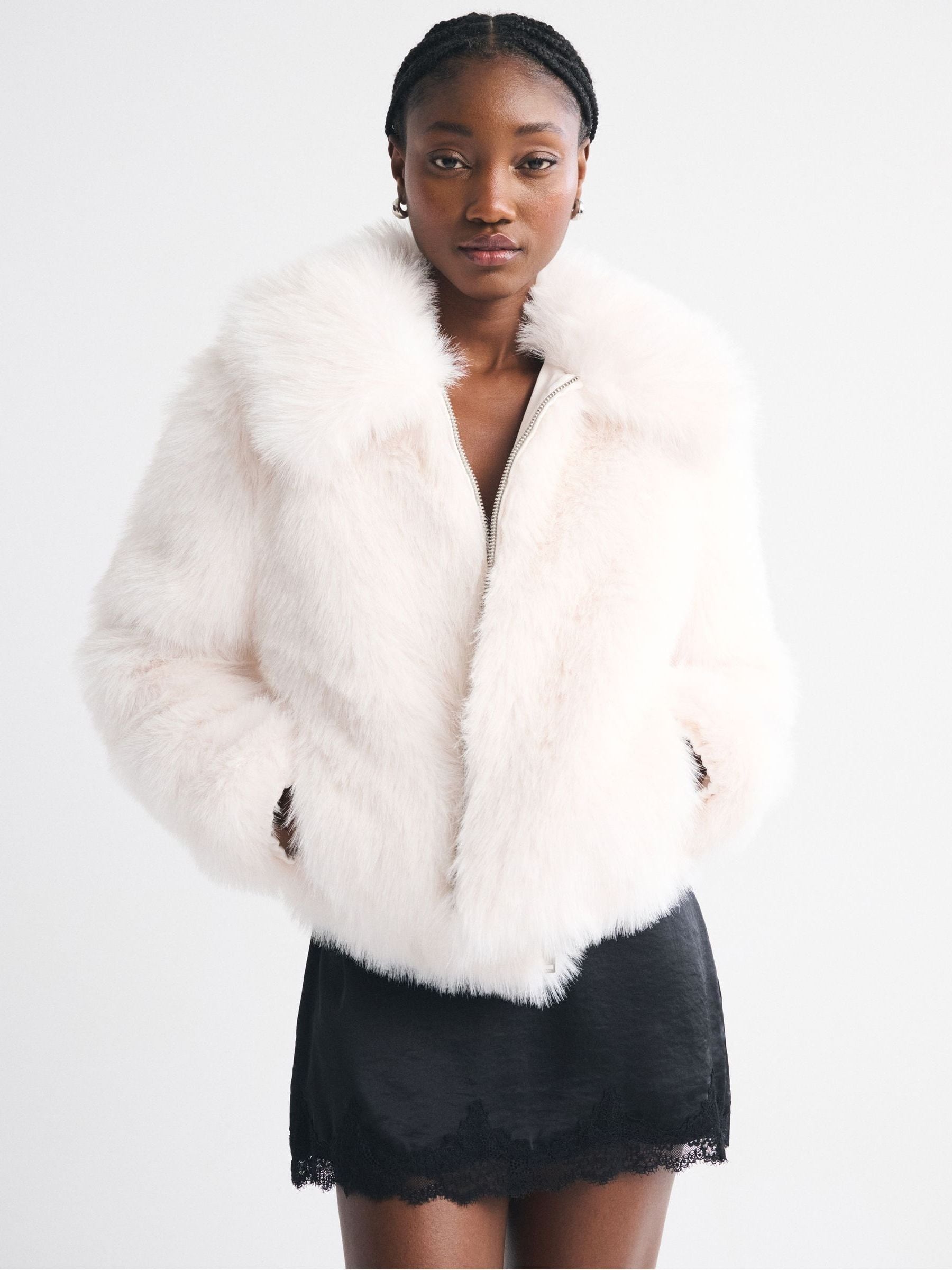 Buy Abercrombie & Fitch Cream Faux Fur Cropped Zip Through Jacket