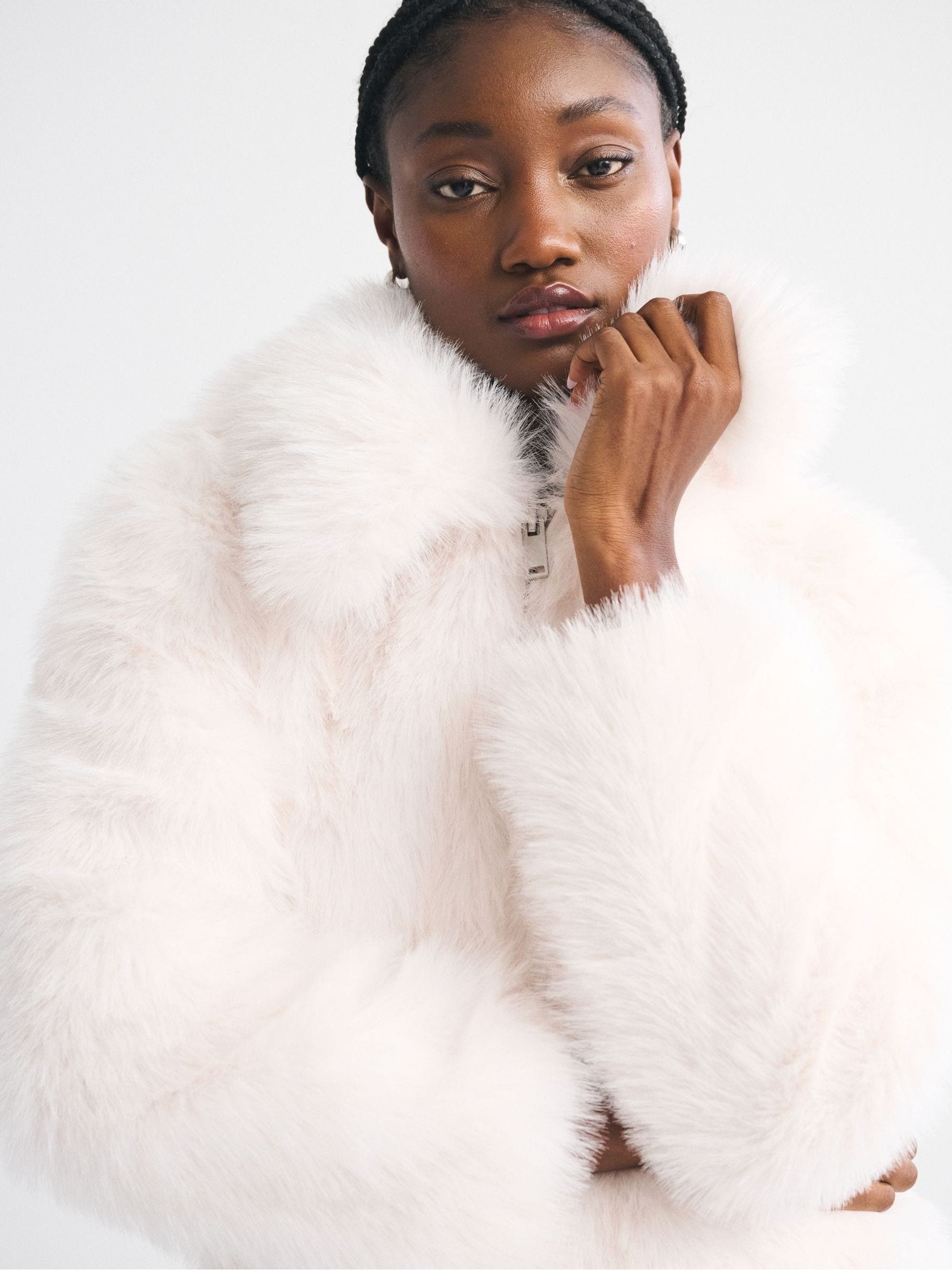 Buy Abercrombie & Fitch Cream Faux Fur Cropped Zip Through Jacket