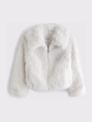 Abercrombie & Fitch Cream Faux Fur Cropped Zip Through Jacket - Image 8 of 9