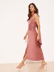 Lipsy Pink High Neck Scarf Embellished Fit And Flare Midaxi Dress - Image 4 of 5