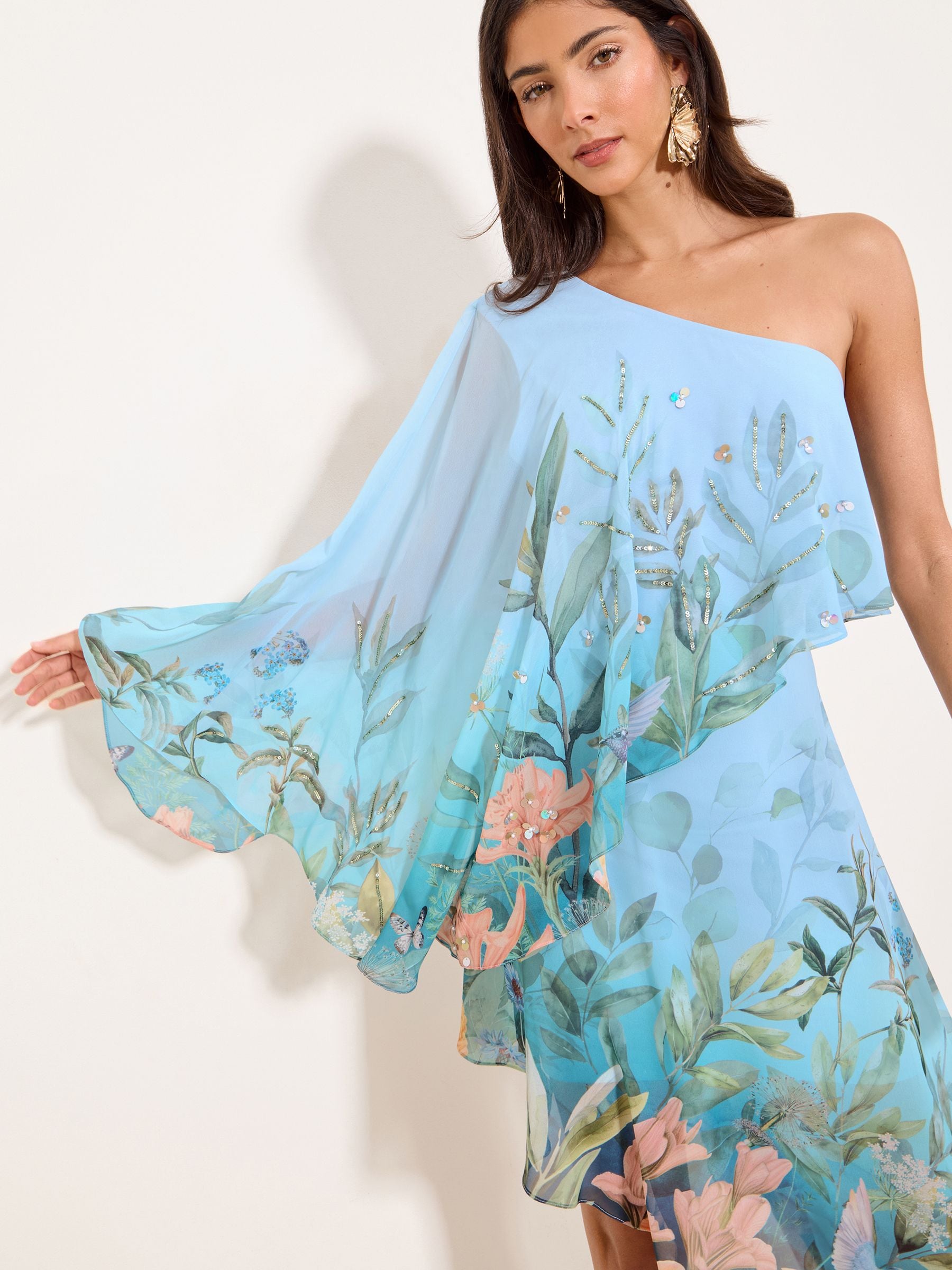 Buy Lipsy Blue One Shoulder Floral Aysm Sequin Midi Dress from