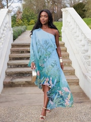 Lipsy Blue One Shoulder Floral Aysm Sequin Midi Dress - Image 6 of 6