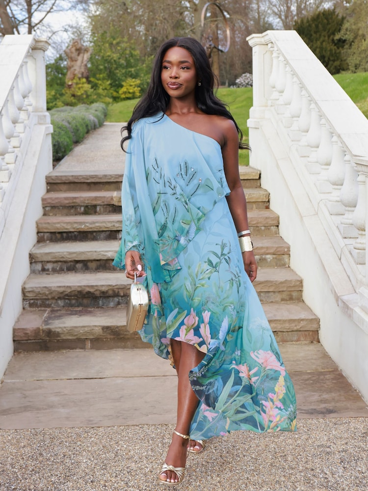 Lipsy Blue One Shoulder Floral Aysm Sequin Midi Dress - Image 6 of 6