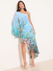 Lipsy Blue Petite One Shoulder Floral Aysm Sequin Midi Dress - Image 3 of 5