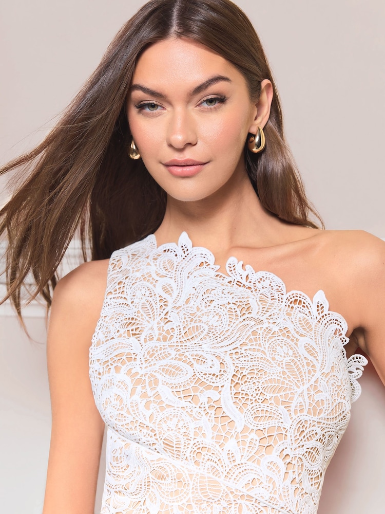 Lipsy White Petite Lace One Shoulder Split Hem Bodycon Dress - Image 2 of 4