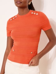Помаранчевий - Lipsy Buttoned Ribbed Crew Neck Short Sleeve Knit Top - Image 2 of 4