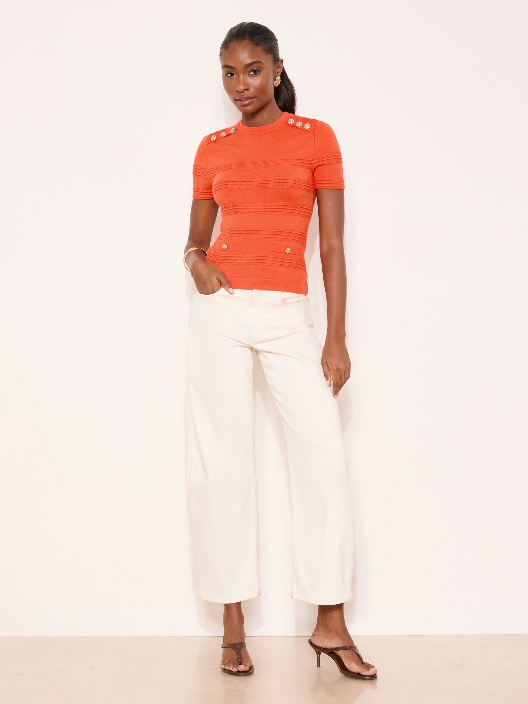 Buy Lipsy Orange Buttoned Ribbed Crew Neck Short Sleeve Knit Top