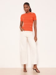 Помаранчевий - Lipsy Buttoned Ribbed Crew Neck Short Sleeve Knit Top - Image 4 of 4