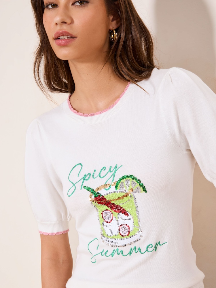 Lipsy Ivory White Sequin Summer Graphic Print Short Sleeve Knit T Shirt - Image 1 of 4