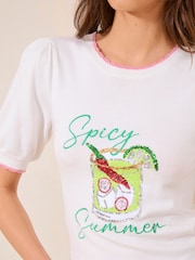 Lipsy Ivory White Sequin Summer Graphic Print Short Sleeve Knit T Shirt - Image 2 of 4