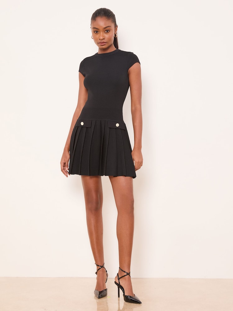 Lipsy Black Military Button Cap Sleeve Pleated Mini Knit Dress - Image 2 of 4