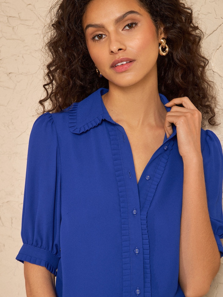 Love & Roses Cobalt Blue Petite Frill Detail Short Sleeve Button Through Shirt - Image 2 of 4