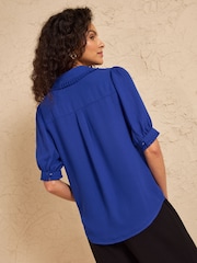 Love & Roses Cobalt Blue Petite Frill Detail Short Sleeve Button Through Shirt - Image 4 of 4