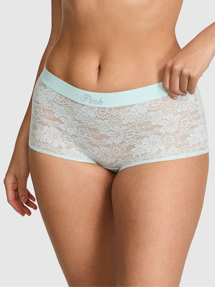 Victoria's Secret PINK Spray Blue Diamante Short Floral Lace Knickers - Image 1 of 2