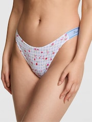 Victoria's Secret PINK Blue Gingham Floral Print Thong Cotton Logo Knickers - Image 1 of 2