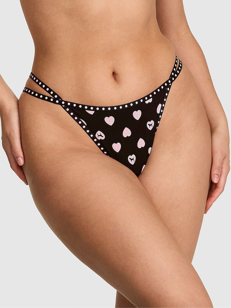 Victoria's Secret Pink Black Heart Dog Print Thong Mini Logo Knickers - Image 1 of 2